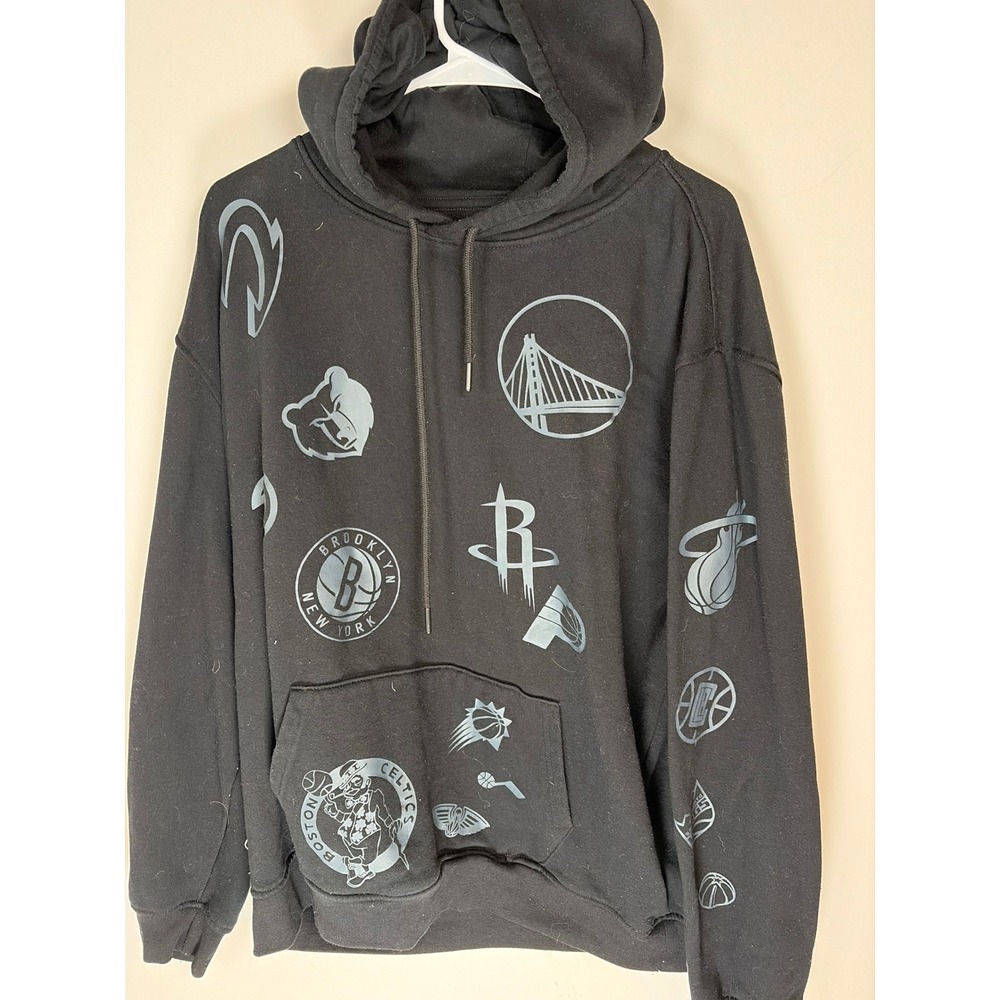 NBA All Over Print Hoodie Mens XL Black Multi Team Logo Pullover Sweatshirt